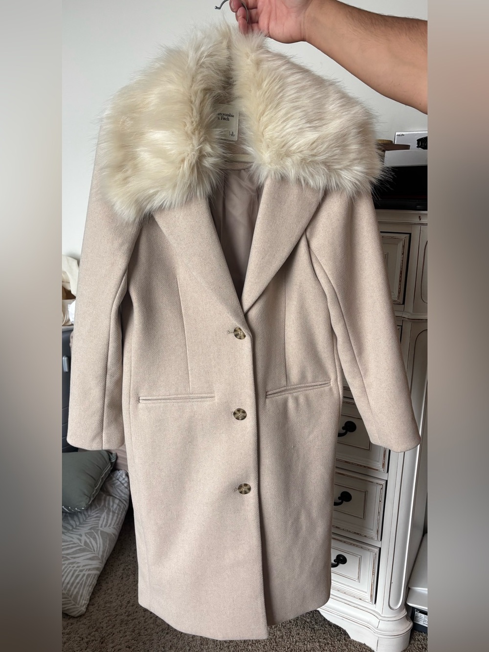 Abercrombie & Fitch Wool Blend Tan Long Length Coat w Removable Faux Fur Collar - Picture 3 of 16